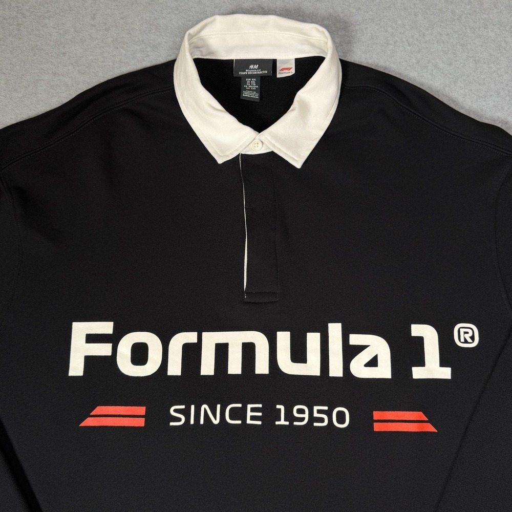H&M Formula 1 Long Sleeve Rugby Polo Shirt Men's XXL Black Relaxed Fit F1 Racing - Picture 2 of 8